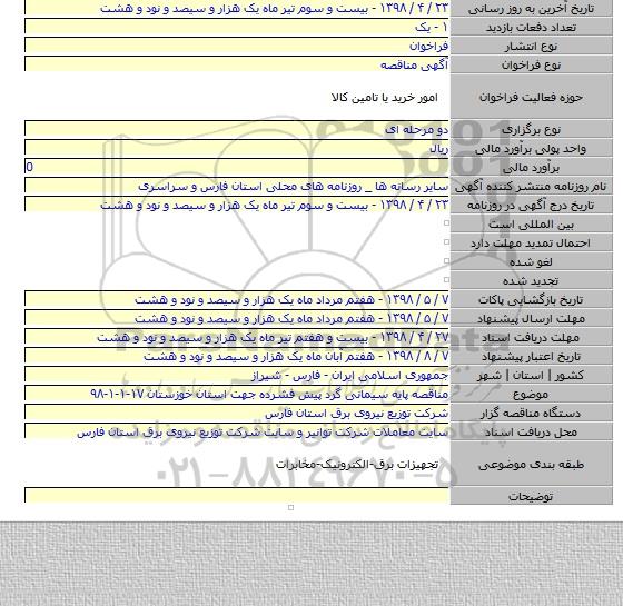 مناقصه پایه سیمانی گرد پیش فشرده جهت استان خوزستان  ۱۷-۱-۱-۹۸