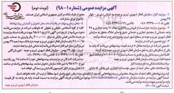 مزایده عمومی, مزایده فروش و واگذاری تعداد 61 واحد تجاری و 25 واحد خدماتی - نوبت دوم 
