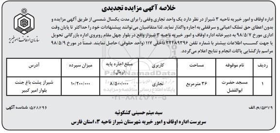 تجدید خلاصه آگهی مزایده , تجدید مزایده اجاره یک واحد تجاری