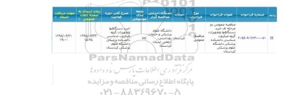 مناقصه, مناقصه خرید دستگاه ها و تجهیزات گروه میکروب شناسی