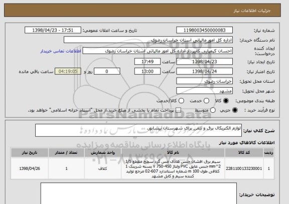 استعلام لوازم الکتریکال برق و تلفن برای شهرستان نیشابور.