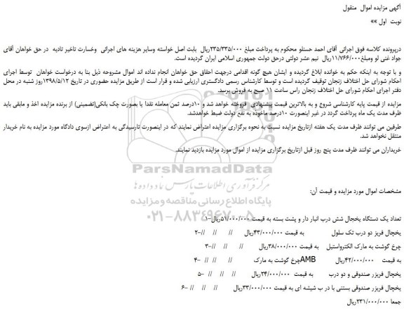 مزایده تعداد یک دستگاه یخجال شش و...