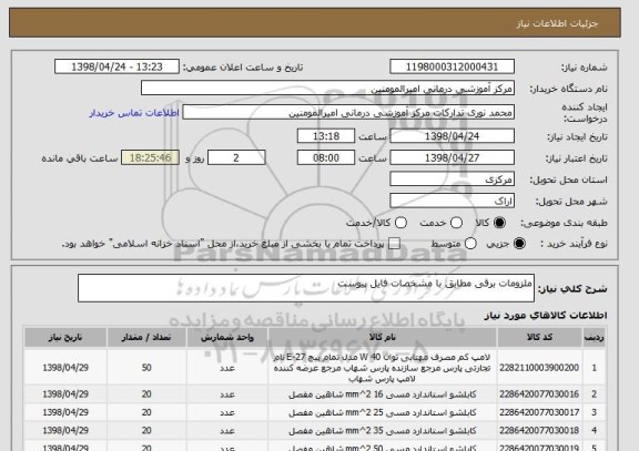 استعلام ملزومات برقی مطابق با مشخصات فایل پیوست