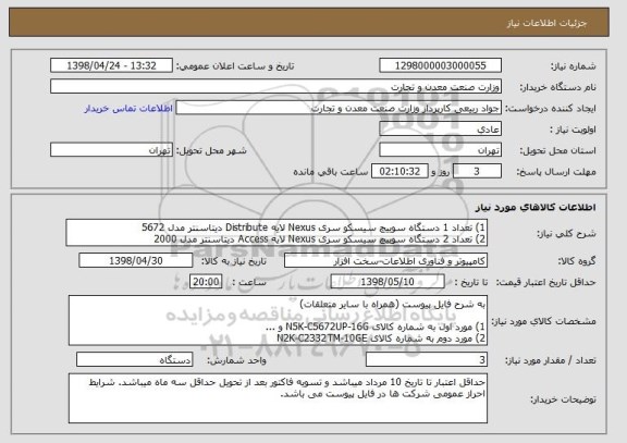 استعلام 1) تعداد 1 دستگاه سوییچ سیسکو سری Nexus لایه Distribute دیتاسنتر مدل 5672
2) تعداد 2 دستگاه سوییچ سیسکو سری Nexus لایه Access دیتاسنتر مدل 2000