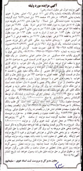 آگهی مزایده مزایده ششدانگ یکبابخانه پلاک ثبتی 811 فرعی