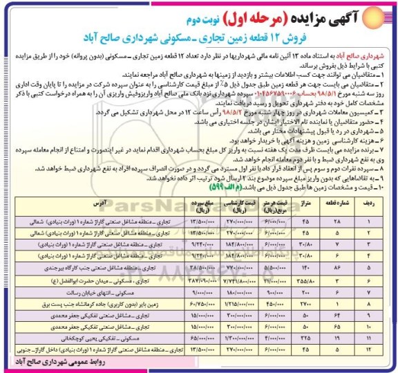 آگهی مزایده مزایده فروش 12 قطعه زمین تجاری مسکونی 