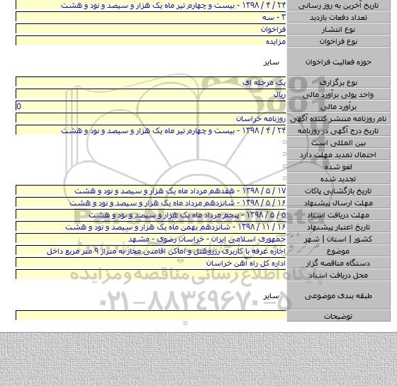 اجاره  غرفه با کاربری رزروهتل و اماکن اقامتی مجاز به متراژ ۹ متر مربع  داخل