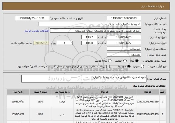 استعلام خرید تجهیزات الکتریکی جهت شهرداری کامیاران