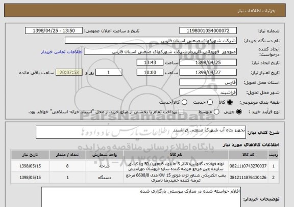 استعلام تجهیز چاه آب شهرک صنعتی فراشبند