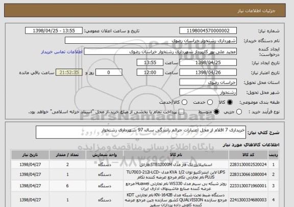 استعلام خریداری 7 اقلام از محل اعتبارات جرائم رانندگی سال 97 شهرداری رشتخوار 