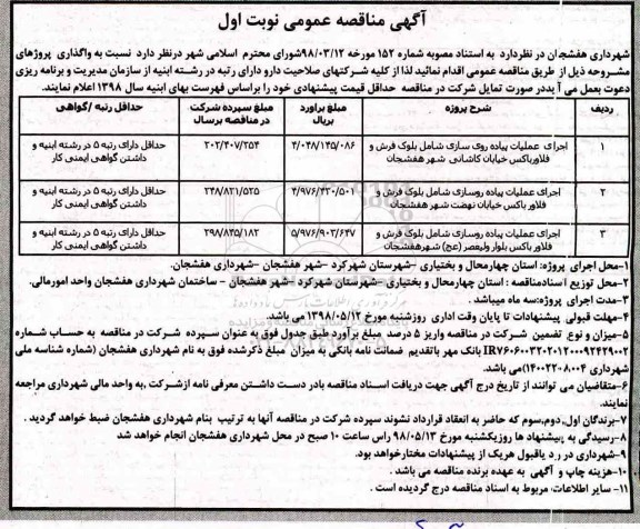 مناقصه, مناقصه  اجرای عملیات پیاده روی سازی و...