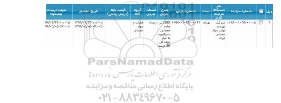 مزایده , مزایده 2200 تن ماده معدنی سولفوره