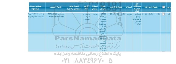 مزایده , مزایده 1500 تن ماده معدنی مخلوط سولفوره