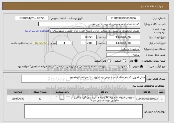 استعلام محل تحویل کمیته امداد امام خمینی ره شهرستان مراغه خواهد بود