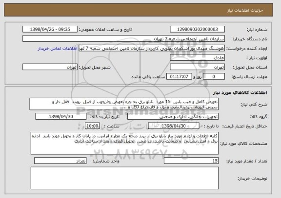 استعلام تعویض کامل و عیب یابی  15 مورد  تابلو برق به جزء تعویض چارچوب از قبیل  روبند  قفل دار و سینی،فیوزها ،ترمینال،ارت و نول و فاز،چراغ LED و ...