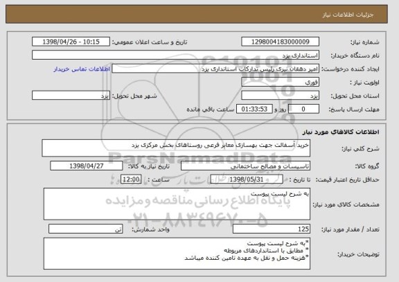 استعلام خرید آسفالت جهت بهسازی معابر فرعی روستاهای بخش مرکزی یزد