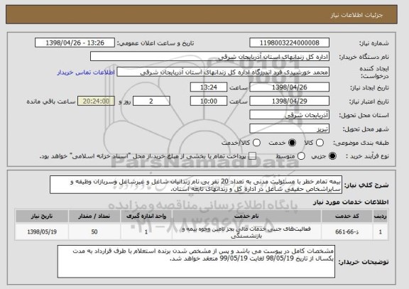 استعلام بیمه تمام خطر با مسئولیت مدنی به تعداد 20 نفر بی نام زندانیان شاغل و غیرشاغل وسربازان وظیفه و سایراشخاص حقیقی شاغل در اداره کل و زندانهای تابعه استان.