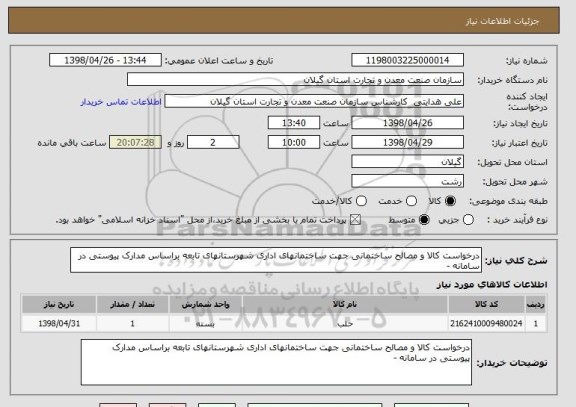 استعلام درخواست کالا و مصالح ساختمانی جهت ساختمانهای اداری شهرستانهای تابعه براساس مدارک پیوستی در سامانه -