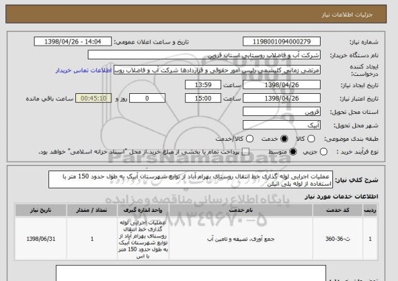 استعلام  عملیات اجرایی لوله گذاری خط انتقال روستای بهرام آباد از توابع شهرستان آبیک به طول حدود 150 متر با استفاده از لوله پلی اتیلن 