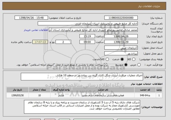 استعلام اجرای عملیات مراقبت آبیاری جنگل کاری گرده بین پیرانشهر در سطح 10 هکتار.