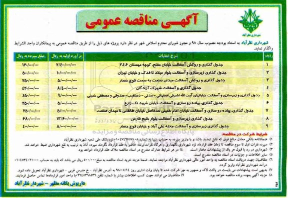 آگهی مناقصه عمومی, مناقصه جدول گذاری و روکش آسفالت خیابان