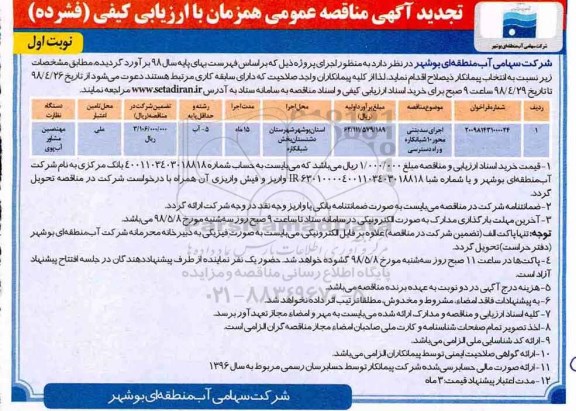 تجدید مناقصه , مناقصه اجرای سد بتنی محور 10 شبانکاره و راه دسترسی 
