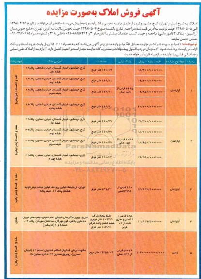 آگهی مزایده مزایده فروش املاک کاربری آپارتمان و زمین 