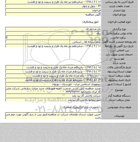 تجدید مناقصه کابل کشی و نصب جعبه فیوزهای جدید منازل سازمانی شرکت ملی گاز ایران درمیانکوه ۸۲۹/۹۸/۶۸۱