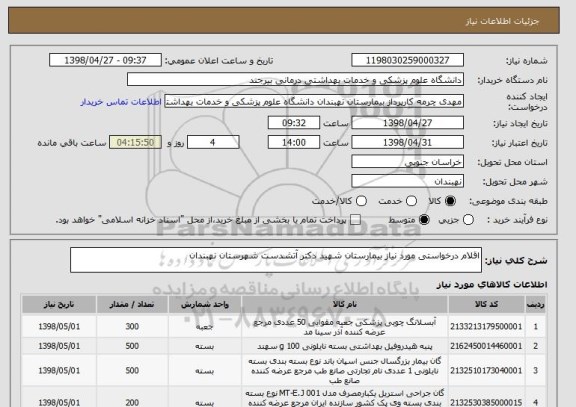 استعلام اقلام درخواستی مورد نیاز بیمارستان شهید دکتر آتشدست شهرستان نهبندان