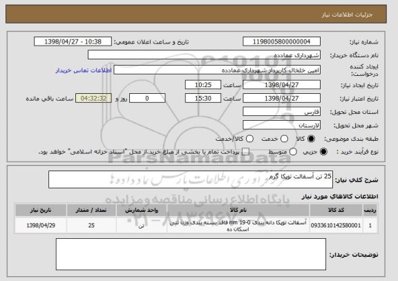 استعلام 25 تن آسفالت توپکا گرم