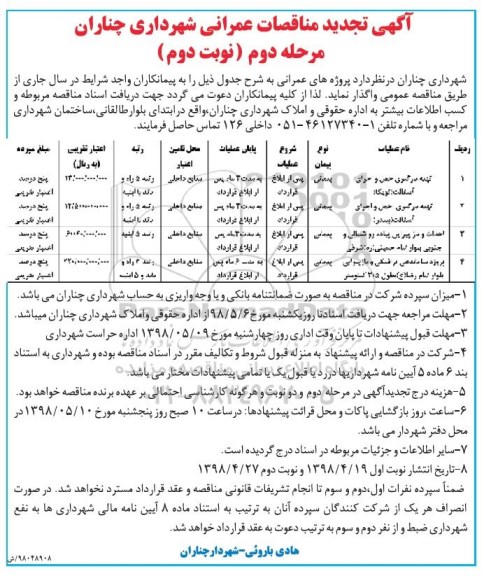 تجدید مناقصه عمومی, تجدید مناقصه تهیه، بارگیری، حمل و اجرای آسفالت... مرحله دوم نوبت دوم 