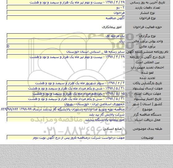 مناقصه تهیه وتوزیع غذا واداره رستوران پالایشگاه گاز بیدبلند درسال ۹۹-۱۳۹۸ ۸۲۹/۹۸/۶۸۲
