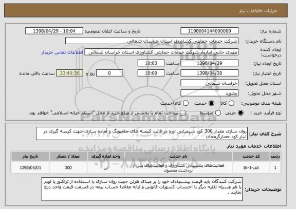 استعلام روان سازی مقدار 300 کود شیمیایی اوره در قالب کیسه های جامبوبگ و آماده سازی جهت کیسه گیری در انبار کود حصارگرمخان 
