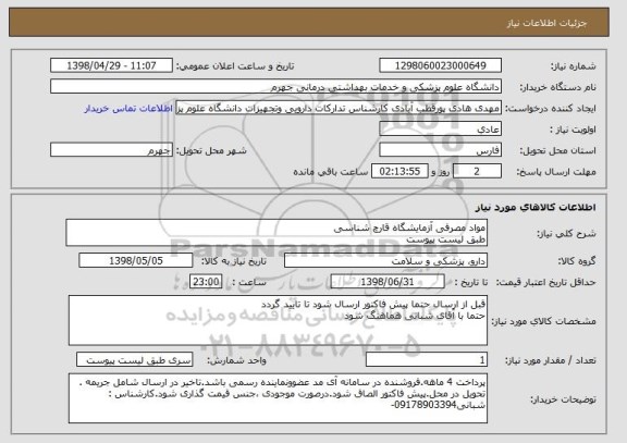 استعلام مواد مصرفی آزمایشگاه قارچ شناسی 
طبق لیست پیوست