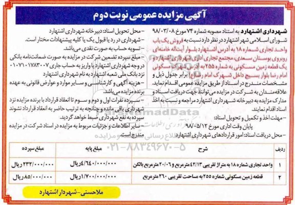 مزایده مزایده فروش یکباب واحد تجاری نوبت دوم