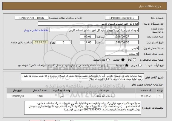استعلام  تهیه مصالح واجرای شبکه داخلی آب به طول1220متردرمنطقه شهرک اسکان دوازده برکه شهرستان لار طبق برآورد اولیه ومشخصات پیوست اداره امورعشایرلار