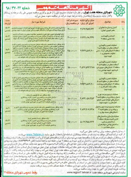 آگهی مناقصه عمومی , مناقصه کنترل و مبازره با جانوران مضر شهری