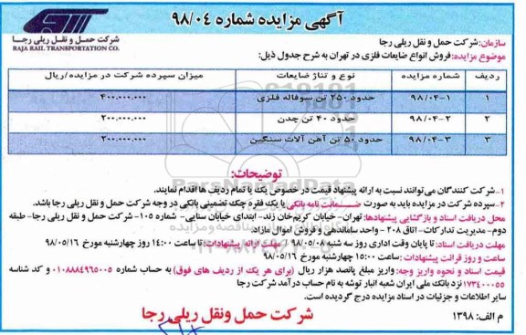 مزایده, مزایده فروش انواع ضایعات فلزی