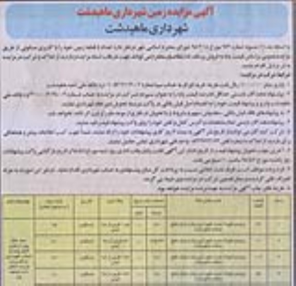 آگهی مزایده مزایده فروش 5 قطعه زمین کاربری مسکونی 