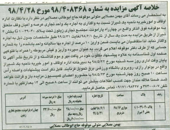 مزایده واگذاری به اجاره یک واحد تجاری
