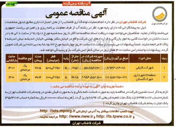 مناقصه عمومی , مناقصه انجام عملیات لوله گذاری فاضلاب