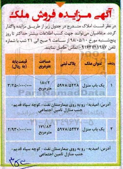 مزایده مزایده فروش ملک منزل مسکونی