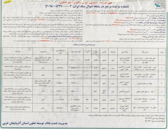 آگهی مزایده مزایده فروش تعدادی از اموال و املاک مازاد تملیکی نوبت دوم 