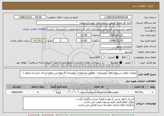 استعلام عملیات نظارت بر پروژه های آبخیزداری - مطابق مشخصات پیوست ( 6 پروژه در سطح استان خراسان رضوی )