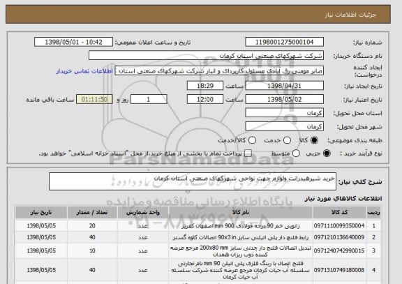 استعلام خرید شیرهیدرانت ولوازم جهت نواحی شهرکهای صنعتی استان کرمان