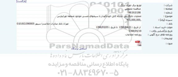 مناقصه, مناقصه  عملیات جایگزینی شبکه کابل خودنگهدار با سیم های مسی