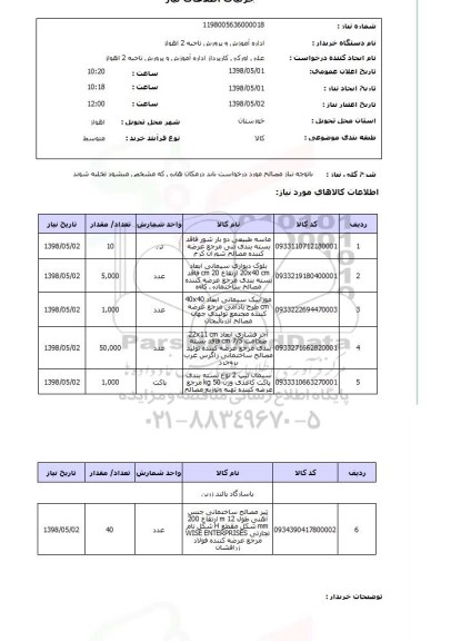 استعلام باتوجه نیاز مصالح مورد درخواست باید درمکان هایی که مشخص میشود تخلیه شوند