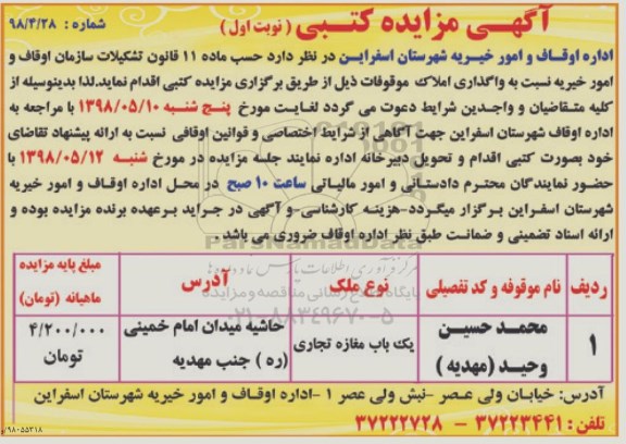 اگهی مزایده کتبی , مزایده واگذاری املاک 