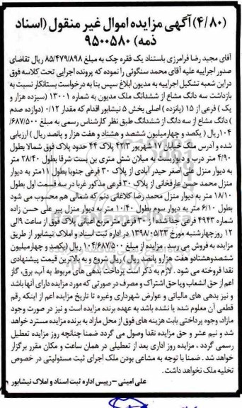 مزایده ملک به شماره 13001 اصلی بخش 5نیشابور