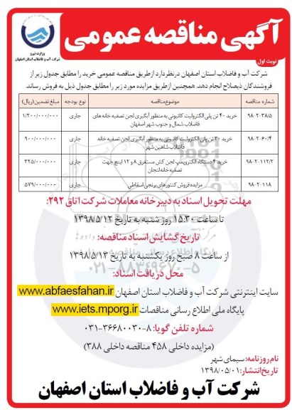مزایده, مزایده فروش کنتورهای برنجی اسقاطی